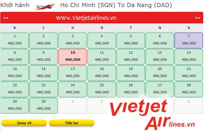 Giá vé Vietjet Air Hồ Chí Minh đi Đà Nẵng
