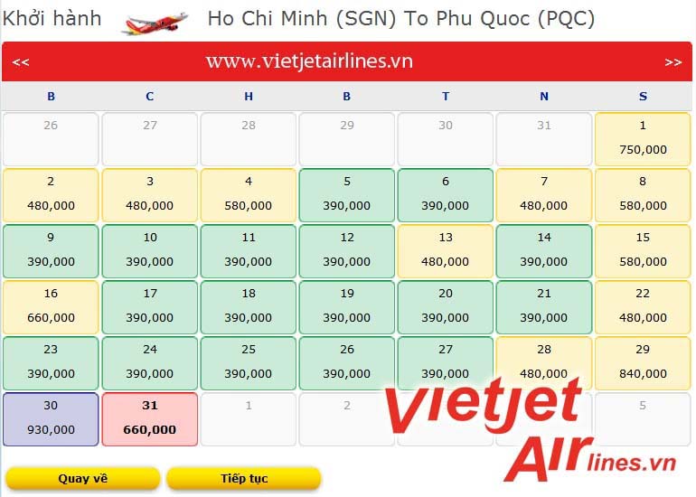 Giá vé máy bay đi Phú Quốc của Vietjet Air