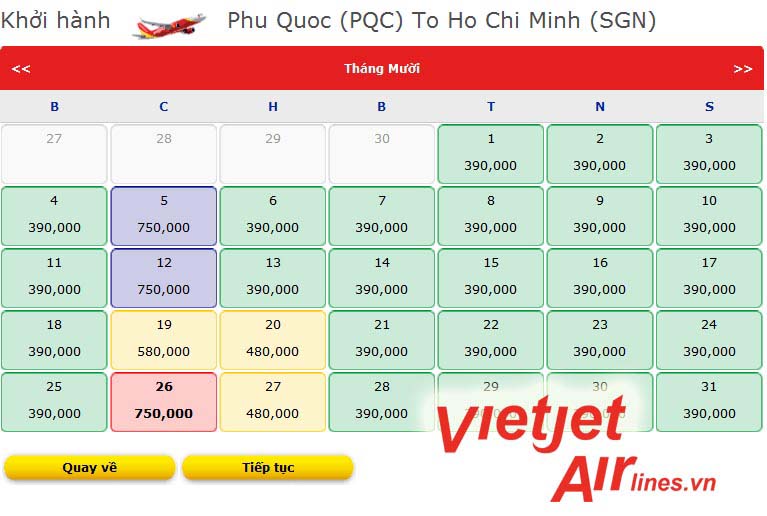 Giá vé máy bay đi TP HCM của Vietjet Air